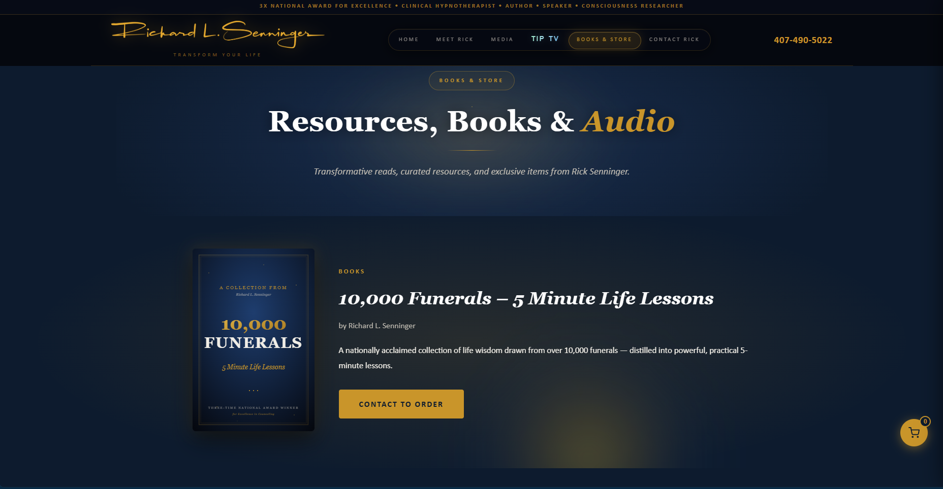 Books & Store page — 10,000 Funerals featured with Printify-powered merchandise via Stripe checkout