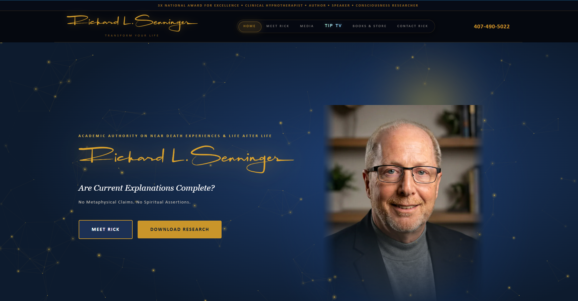 Richard L. Senninger homepage — midnight blue starfield with gold script signature and Rick's headshot