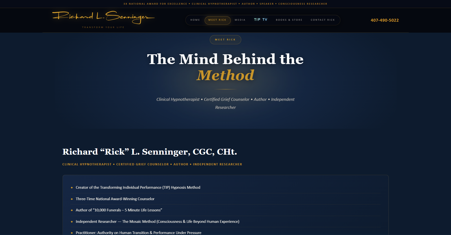 Meet Rick page — The Mind Behind the Method with italic gold typographic accent