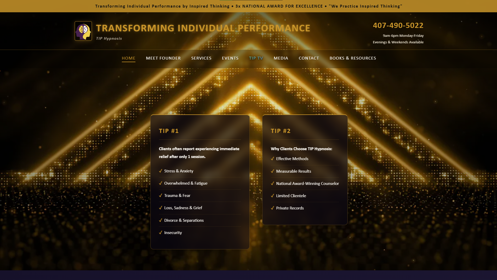TIP Hypnosis homepage — animated gold triangle bokeh hero with TIP #1 and TIP #2 method cards