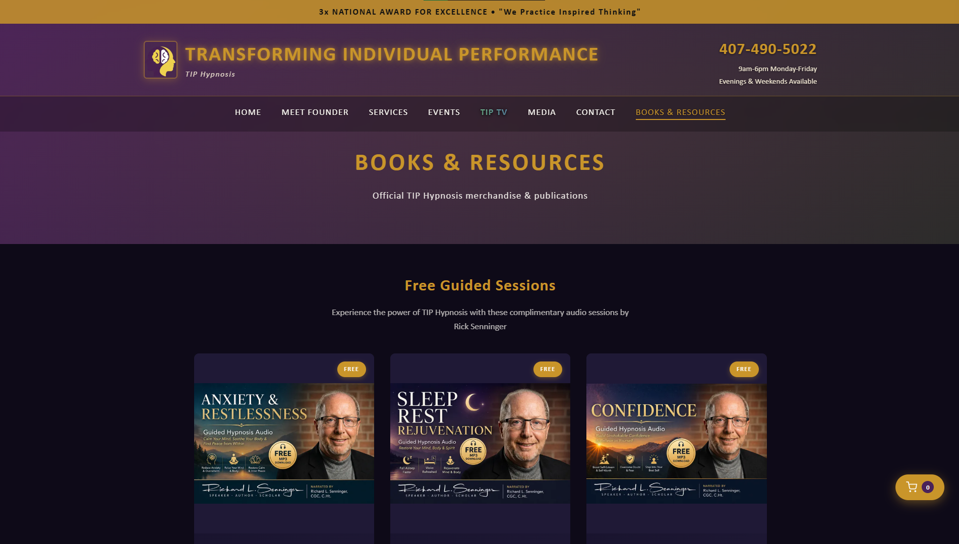Books & Resources page — free guided audio sessions: Anxiety & Restlessness, Sleep Rest Rejuvenation, Confidence